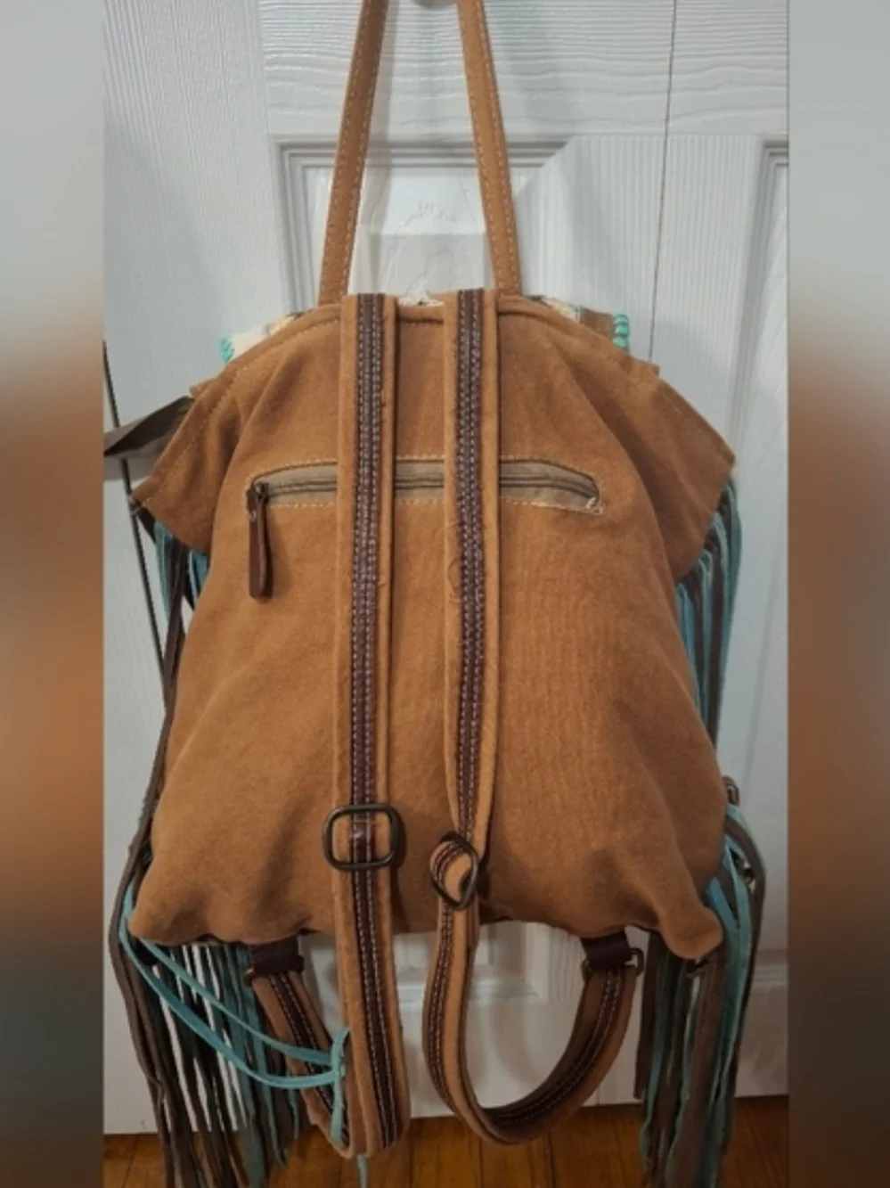 MYRA Pink Vanilla Boho Turquoise & Brown Fringe Backpack - Western Pattern